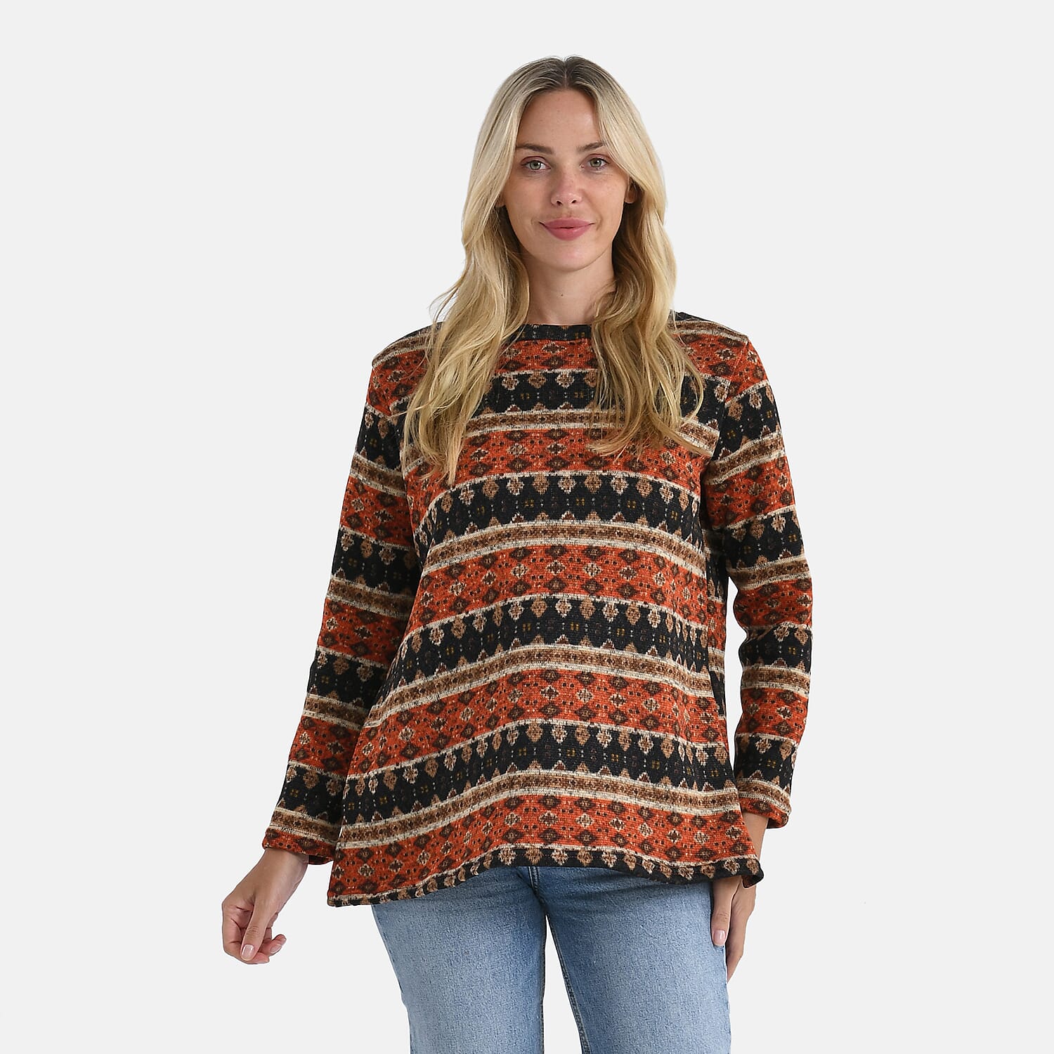 Super Cozy Tamsy Brush Stretch Jersey Jumper (One Size) - Orange, Black & Brown