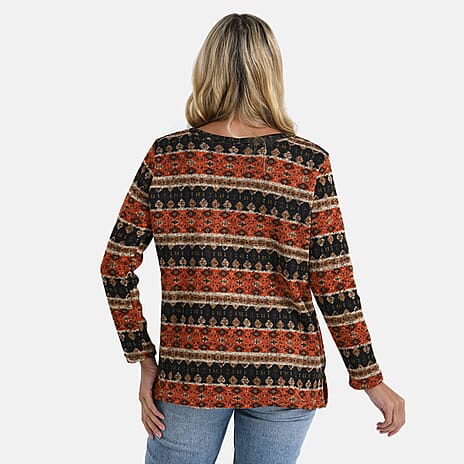 Super Cozy Tamsy Brush Stretch Jersey Jumper (One Size) - Orange, Black & Brown