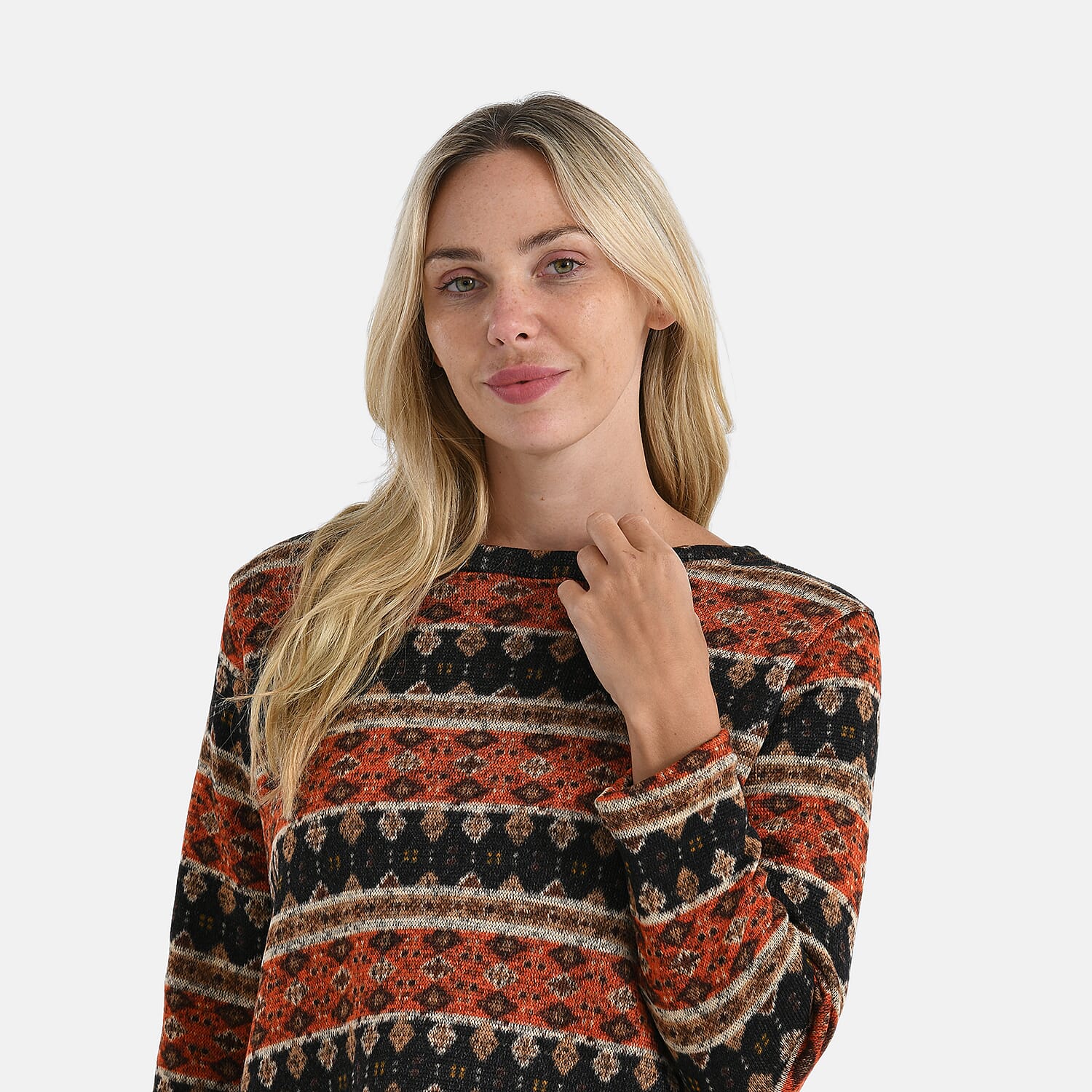 Super Cozy Tamsy Brush Stretch Jersey Jumper (One Size) - Orange, Black & Brown