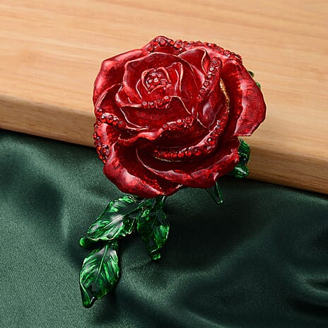 Red Austrian Crystal Enameled Rose Trinket Box with Magnetic Lock in Goldtone (Size 9x5x4 cm)