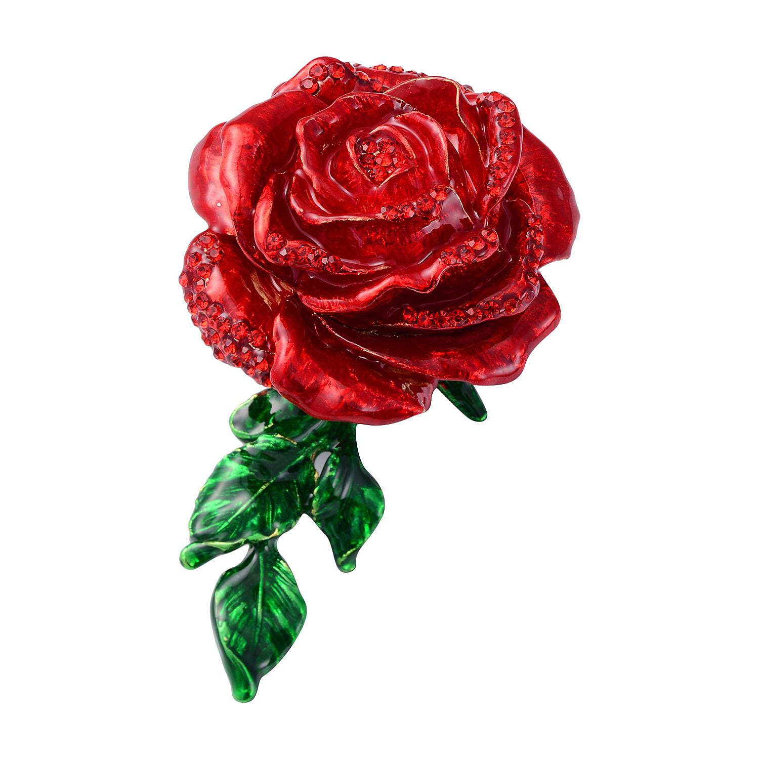 Red Austrian Crystal Enameled Rose Trinket Box with Magnetic Lock in Goldtone (Size 9x5x4 cm)