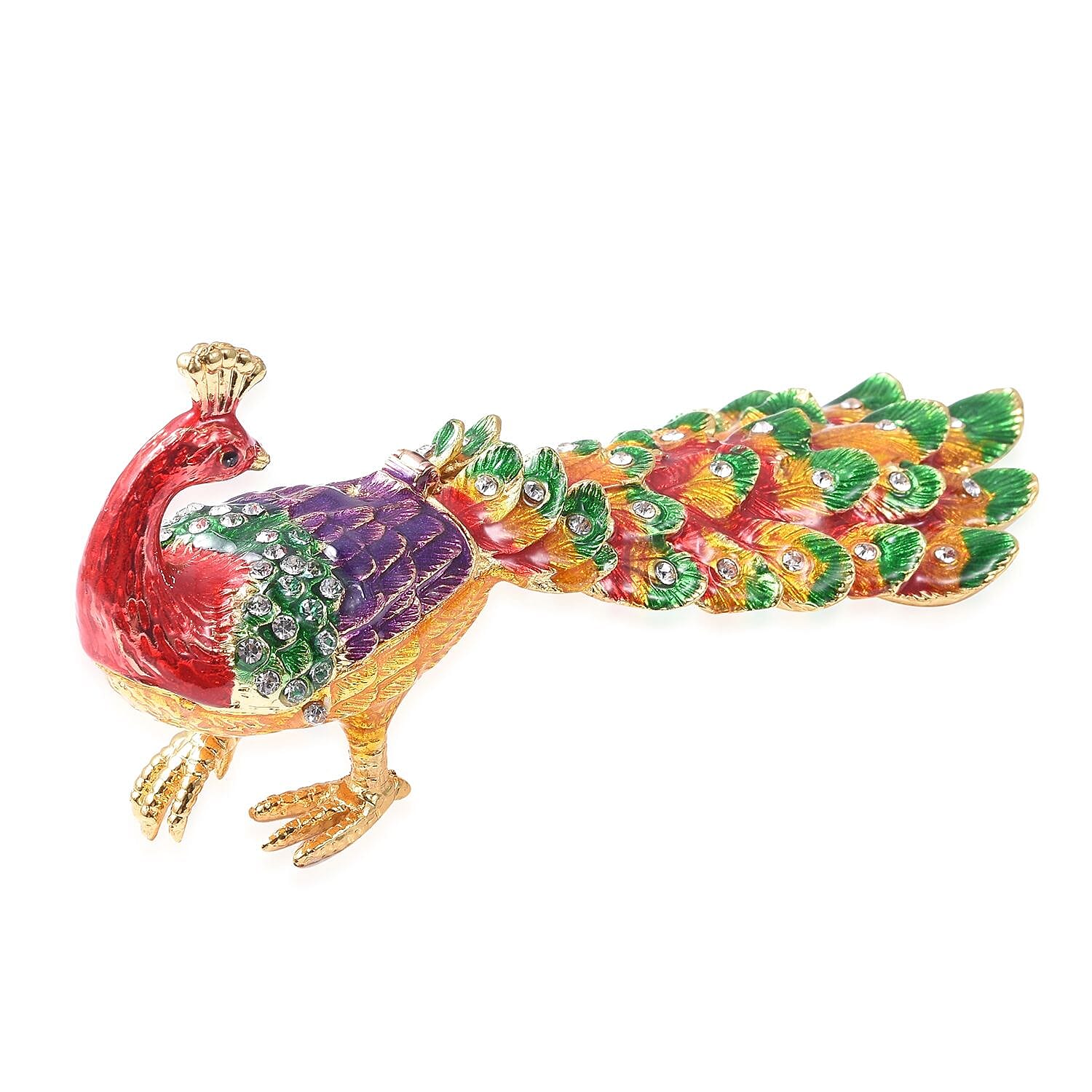 White Austrian Crystal Enameled Peacock Trinket Box in Goldtone(Size 15x5x6 cm)