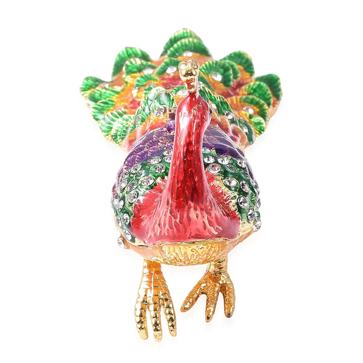 White Austrian Crystal Enameled Peacock Trinket Box in Goldtone(Size 15x5x6 cm)
