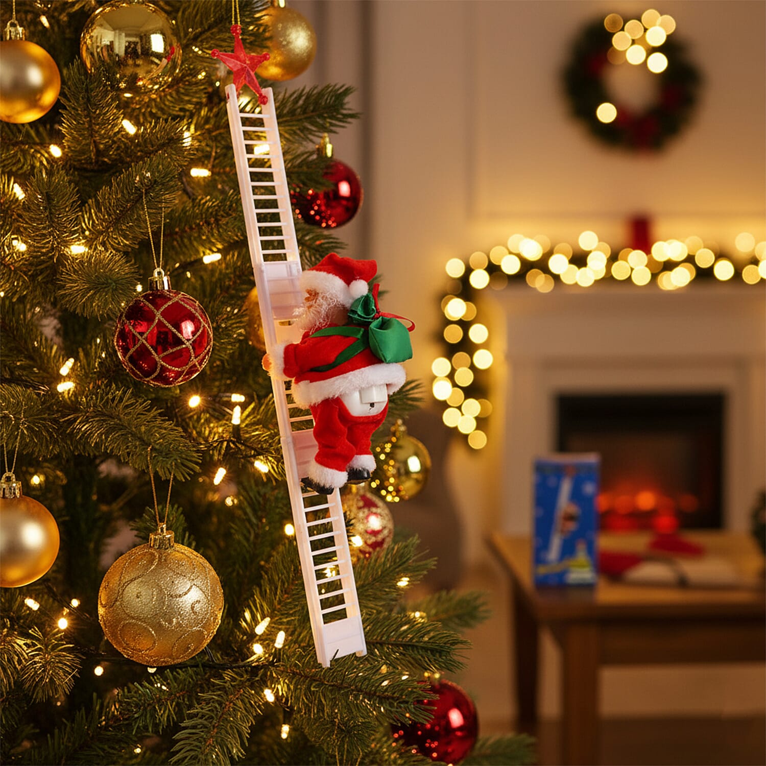 Animated Santa Climbing Stair Decoration with Music (20 cm) - Red & White