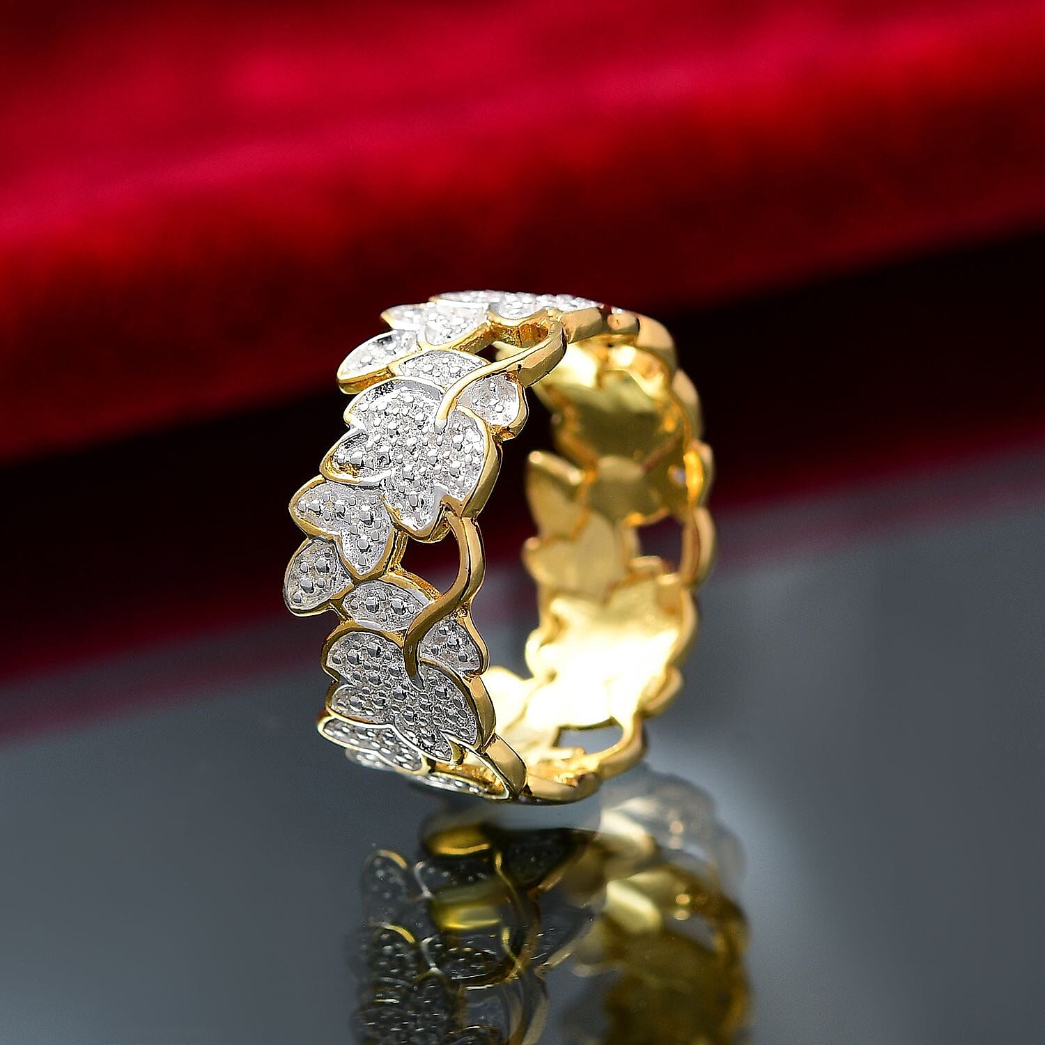 Natural White Diamond Floral Ring In Yellow Gold Plating