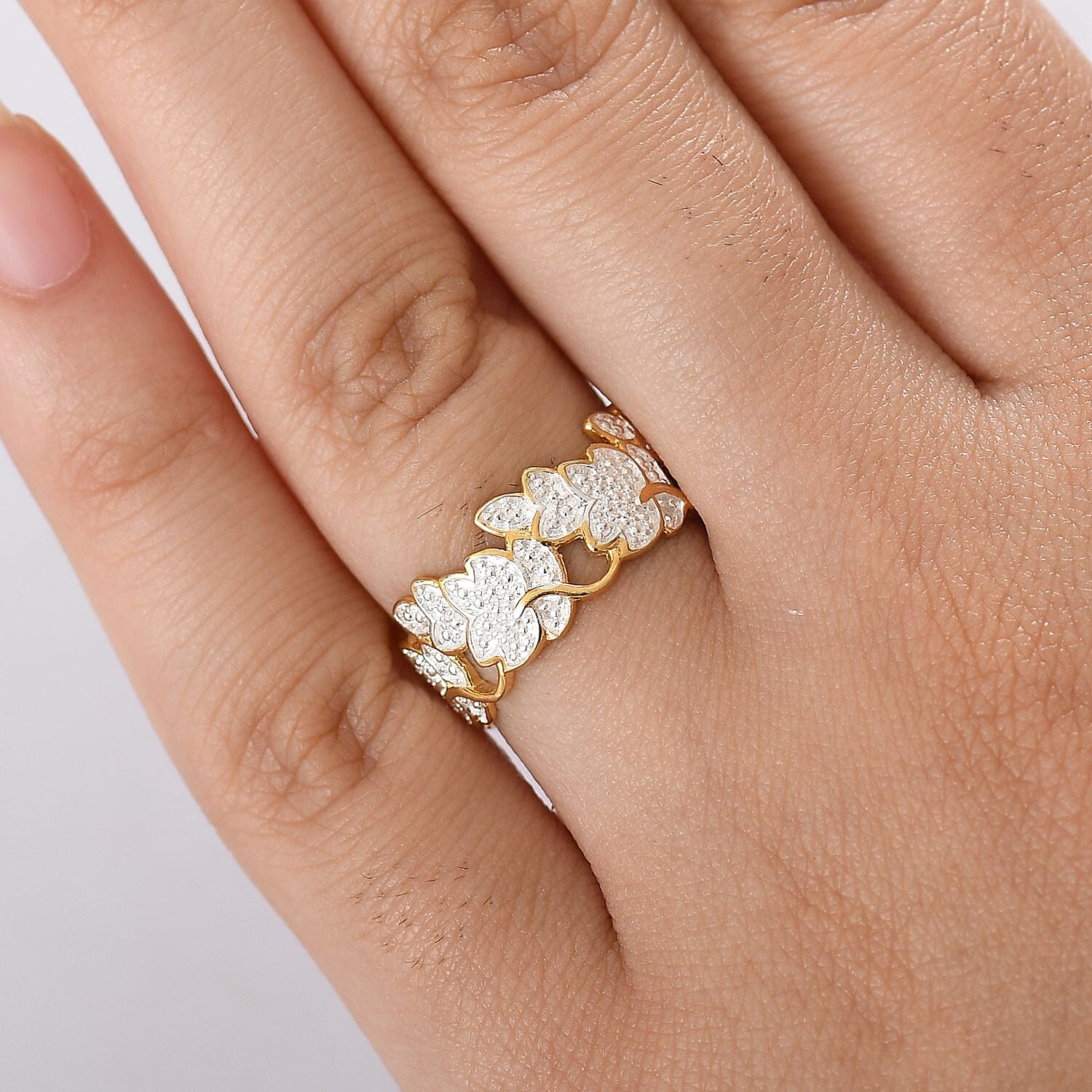 Natural White Diamond Floral Ring In Yellow Gold Plating