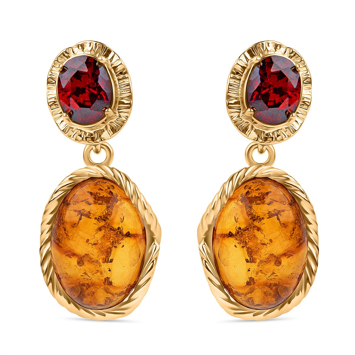 Tucson Find - Amber & Rhodolite Garnet Push Back Earring in Yellow Gold Plated Sterling Silver 24.00 Ct.