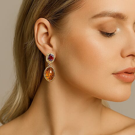 Tucson Find - Amber & Rhodolite Garnet Push Back Earring in Yellow Gold Plated Sterling Silver 24.00 Ct.