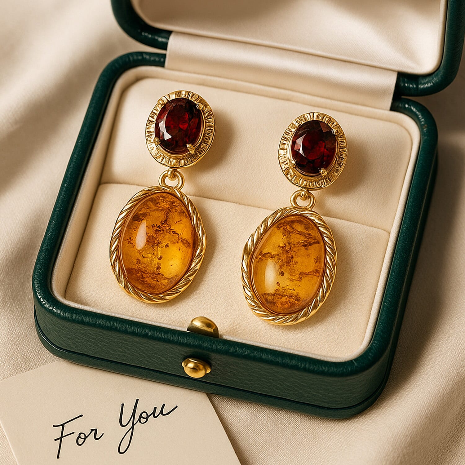 Tucson Find - Amber & Rhodolite Garnet Push Back Earring in Yellow Gold Plated Sterling Silver 24.00 Ct.