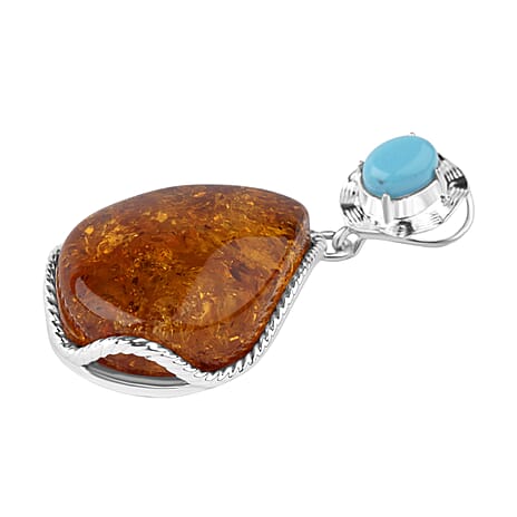 Tucson Find - Amber & Sleeping Beauty Turquoise Pendant in Sterling Silver 34.70 Ct, Silver Wt. 6.60 Gms.
