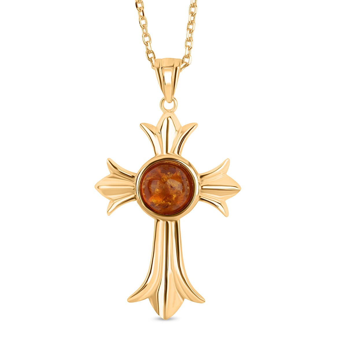 Tucson Find - Amber Cross Pendant with Chain (Size 16-1 Ext.) in Gold Plated Sterling Silver 6.00 Ct, Silver Wt. 7.00 Gms.
