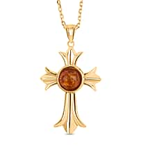 Tucson Find - Amber Cross Pendant with Chain (Size 16-1 Ext.) in Gold Plated Sterling Silver 6.00 Ct.