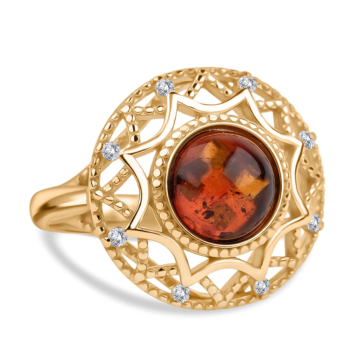 Tucson Find - Amber & Cubic Zirconia Adjustable Ring in Gold Plated Sterling Silver 2.41 Ct.