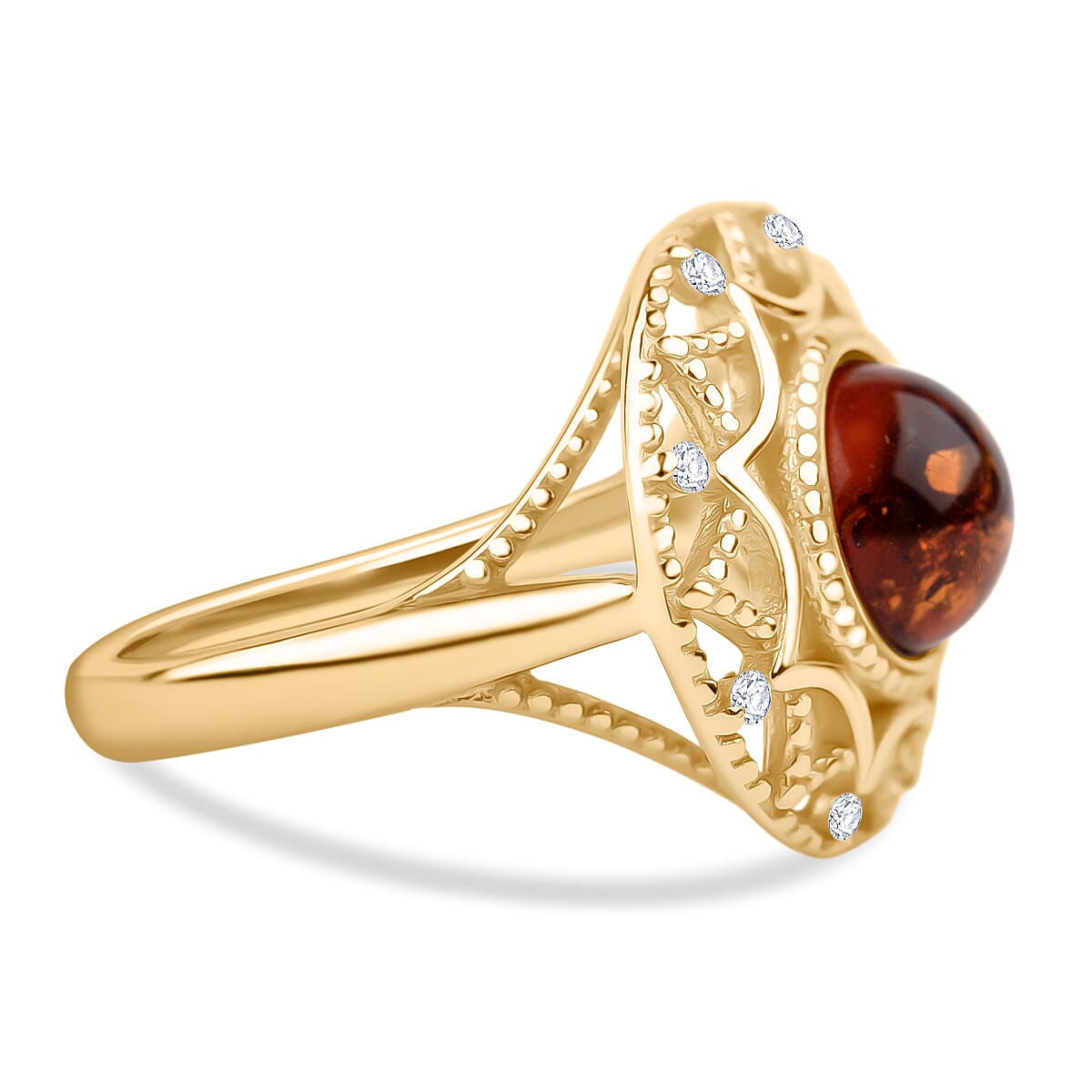 Tucson Find - Amber & Cubic Zirconia Adjustable Ring in Gold Plated Sterling Silver 2.41 Ct.