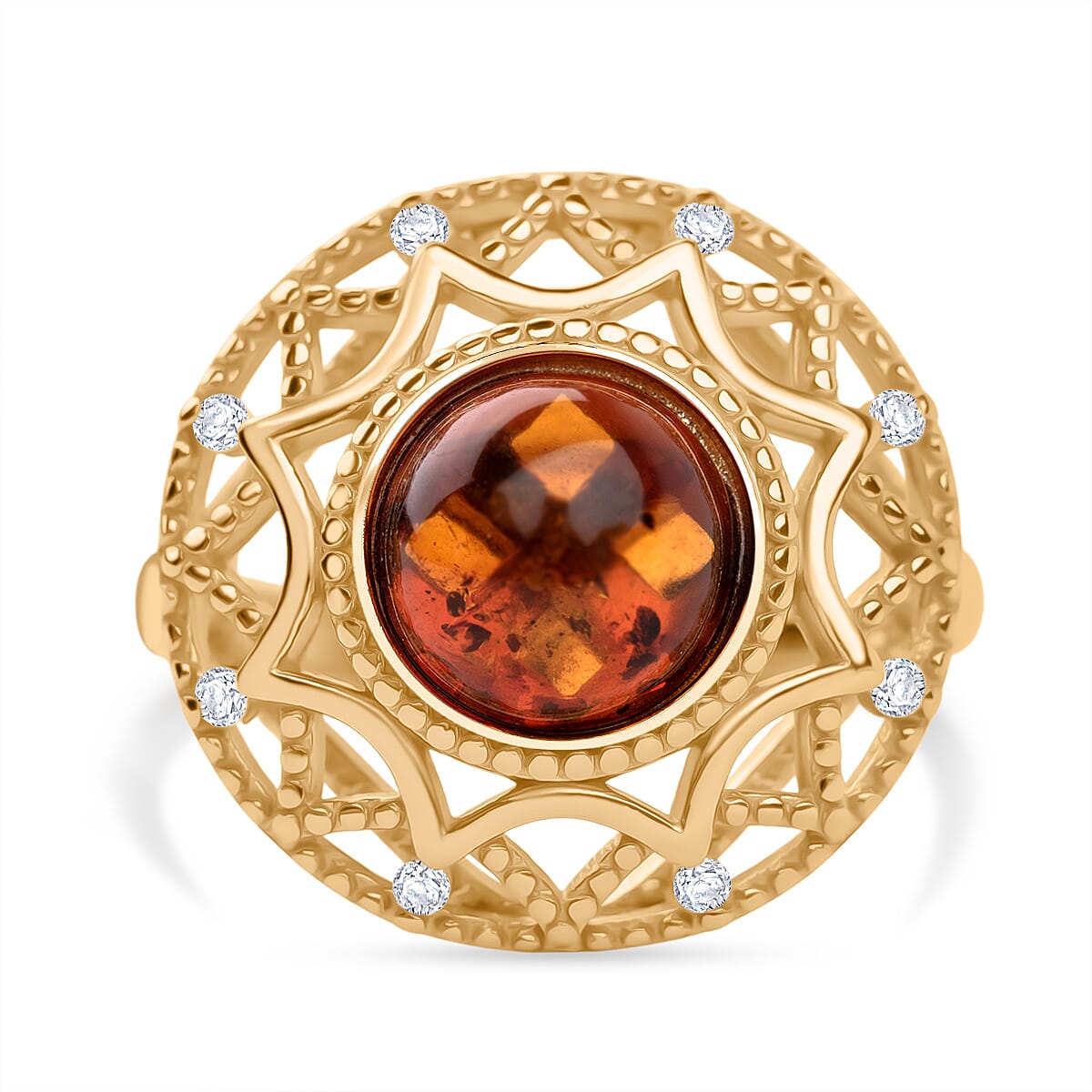 Tucson Find - Amber & Cubic Zirconia Adjustable Ring in Gold Plated Sterling Silver 2.41 Ct.