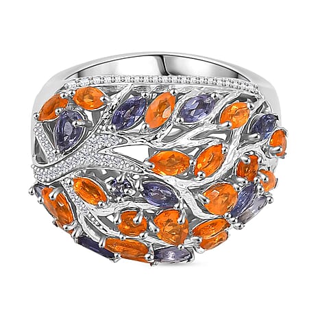 GP Tree of Life Collection - Fire Opal, Iolite, Blue Sapphire, White Zircon Cluster Ring in Rhodium Overlay Sterling Silver 2.44 Ct.