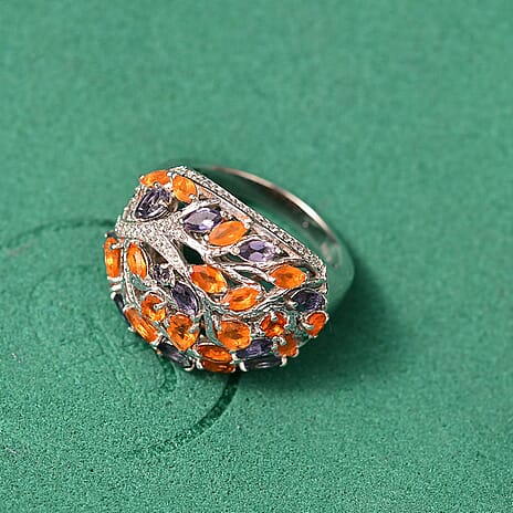 GP Tree of Life Collection - Fire Opal, Iolite, Blue Sapphire, White Zircon Cluster Ring in Rhodium Overlay Sterling Silver 2.44 Ct.
