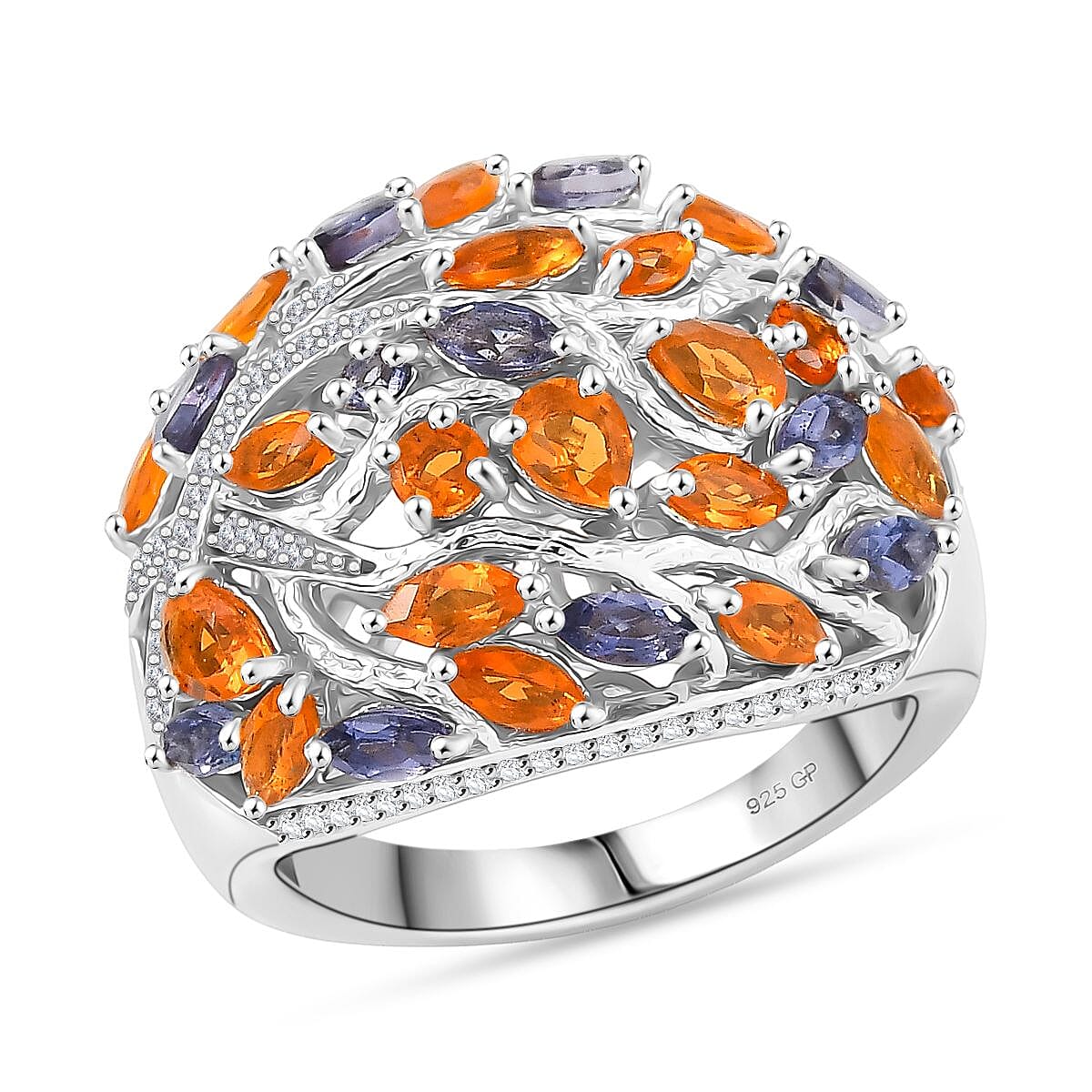 GP Tree of Life Collection - Fire Opal, Iolite, Blue Sapphire, White Zircon Cluster Ring in Rhodium Overlay Sterling Silver 2.44 Ct. GP Tree of Life Collection - Fire Opal, Iolite, Blue Sapphire, White Zircon Cluster Ring in Rhodium Overlay Sterling Silver 2.44 Ct.
