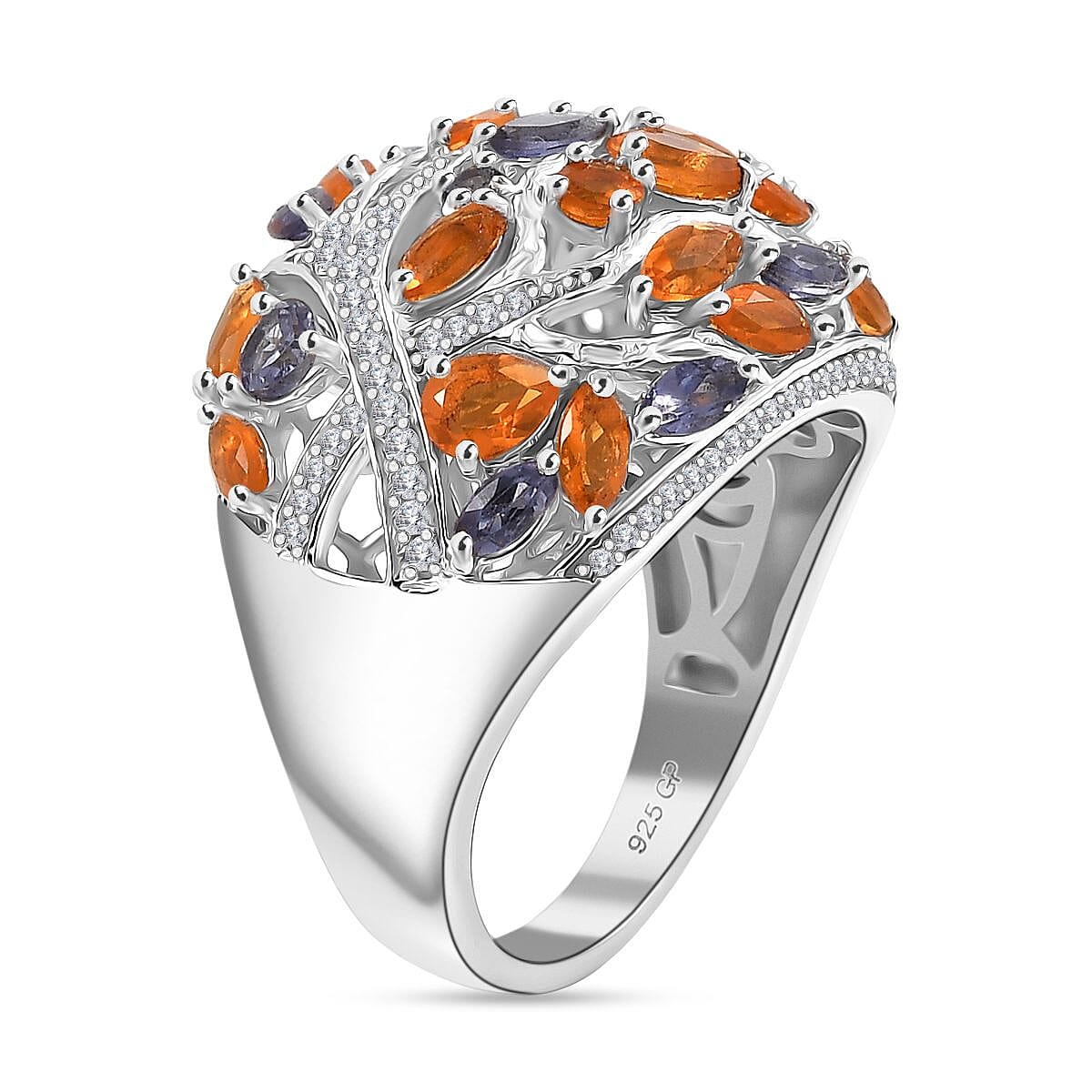 GP Tree of Life Collection - Fire Opal, Iolite, Blue Sapphire, White Zircon Cluster Ring in Rhodium Overlay Sterling Silver 2.44 Ct. GP Tree of Life Collection - Fire Opal, Iolite, Blue Sapphire, White Zircon Cluster Ring in Rhodium Overlay Sterling Silver 2.44 Ct.