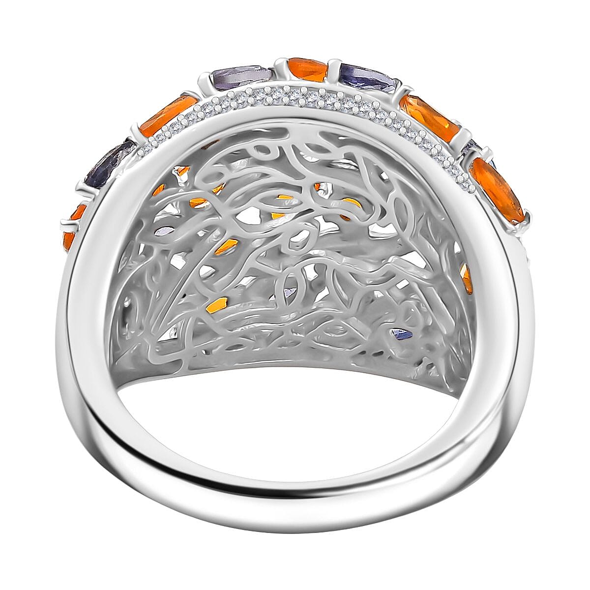 GP Tree of Life Collection - Fire Opal, Iolite, Blue Sapphire, White Zircon Cluster Ring in Rhodium Overlay Sterling Silver 2.44 Ct. GP Tree of Life Collection - Fire Opal, Iolite, Blue Sapphire, White Zircon Cluster Ring in Rhodium Overlay Sterling Silver 2.44 Ct.