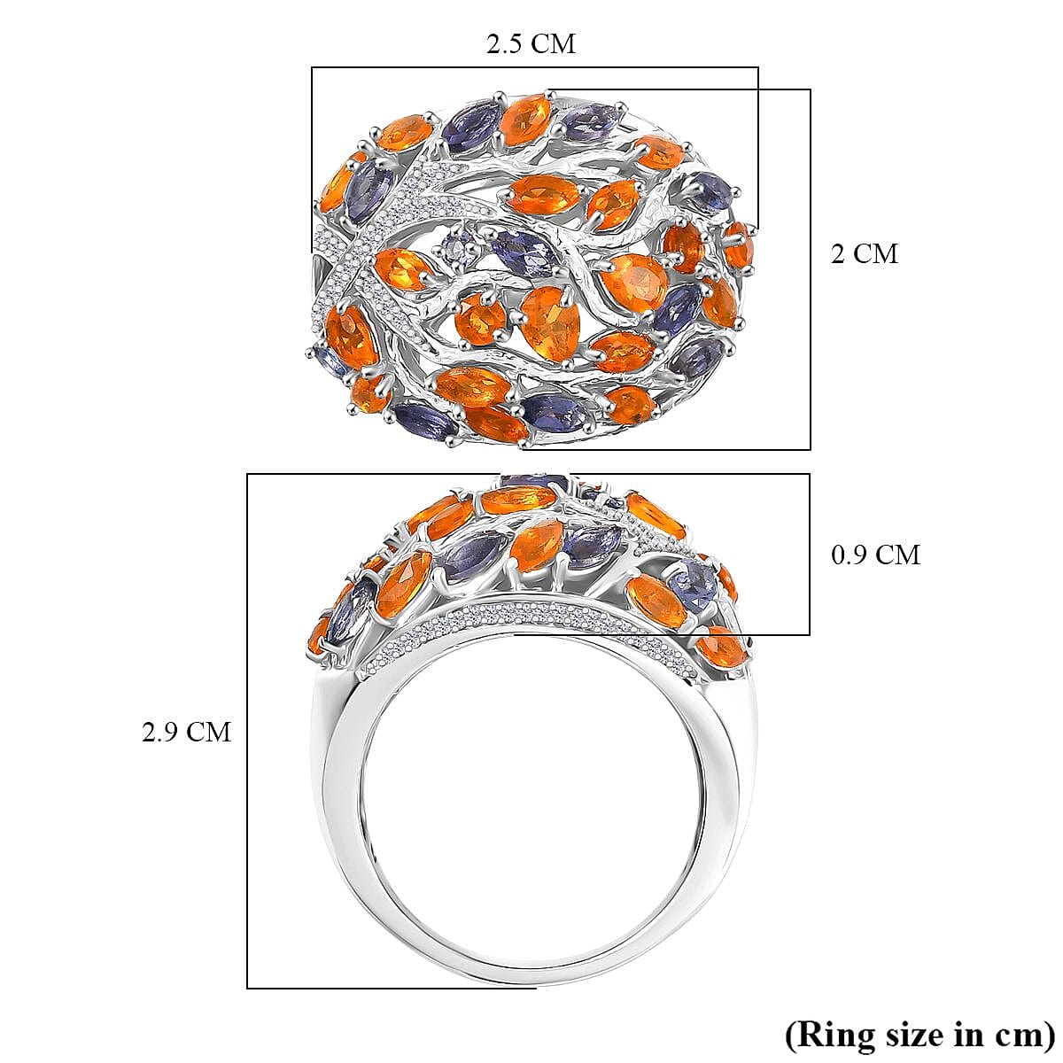 GP Tree of Life Collection - Fire Opal, Iolite, Blue Sapphire, White Zircon Cluster Ring in Rhodium Overlay Sterling Silver 2.44 Ct. GP Tree of Life Collection - Fire Opal, Iolite, Blue Sapphire, White Zircon Cluster Ring in Rhodium Overlay Sterling Silver 2.44 Ct.