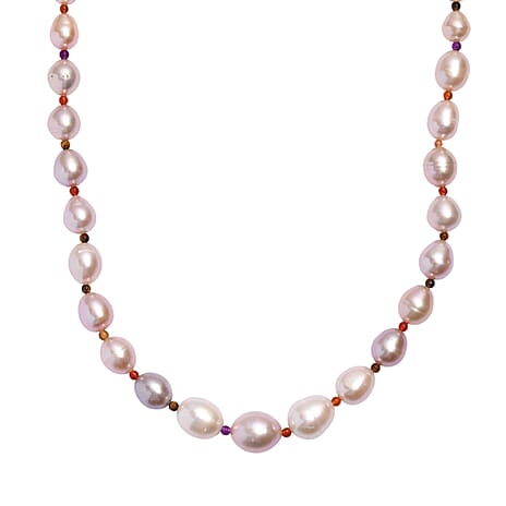 Multi Color Fresh Water Pearl & Multi Gemstones Necklace (Size - 18 - 2 Ext) with Lobster Clasp in Rhodium Overlay Sterling Silver 115.00 Ct.