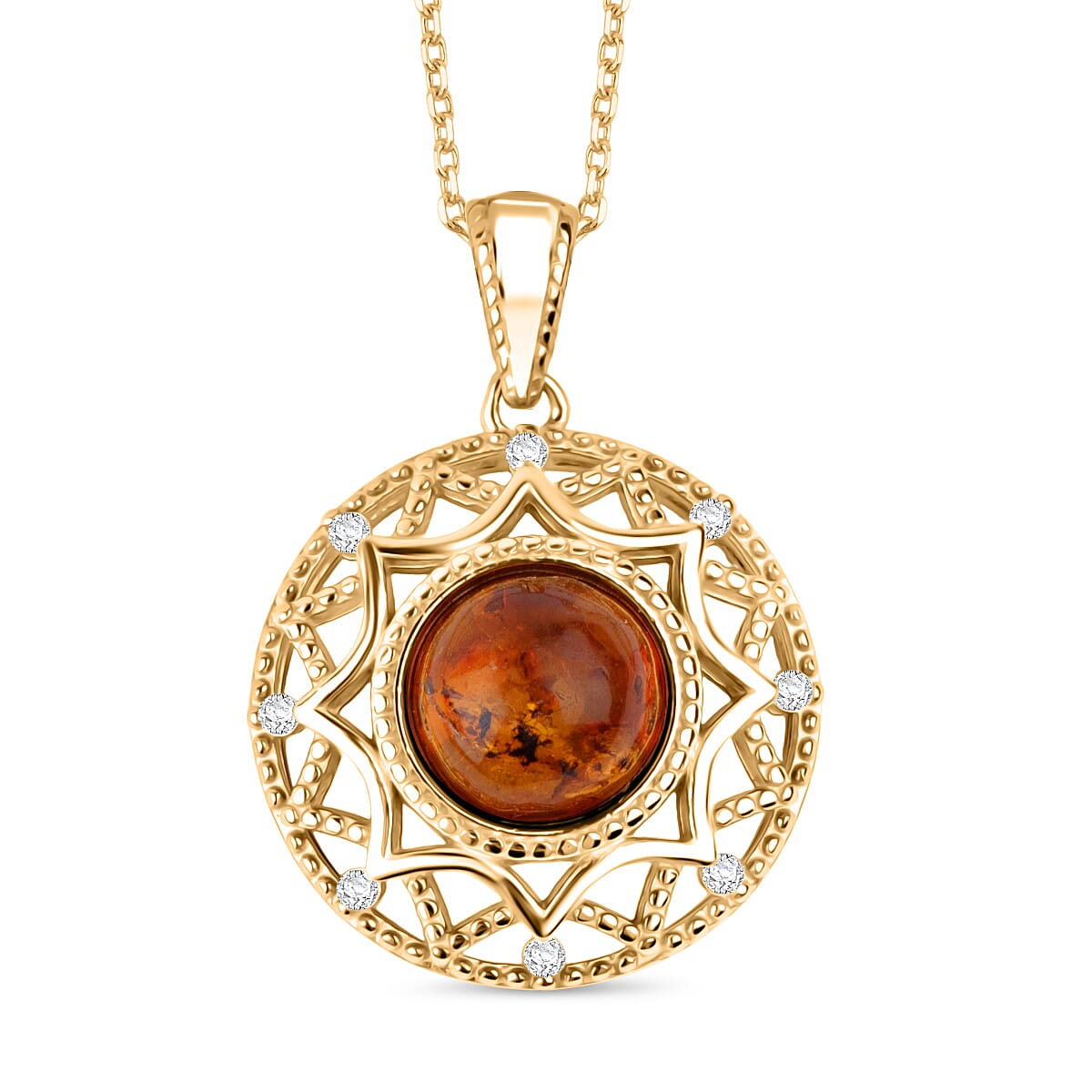 Tucson Find - Amber & Cubic Zirconia Pendant with Chain (Size 16-1 Ext.) in Gold Plated Sterling Silver 7.16 Ct.