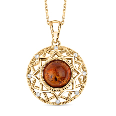Tucson Find - Amber & Cubic Zirconia Pendant with Chain (Size 16-1 Ext.) in Gold Plated Sterling Silver 7.16 Ct.