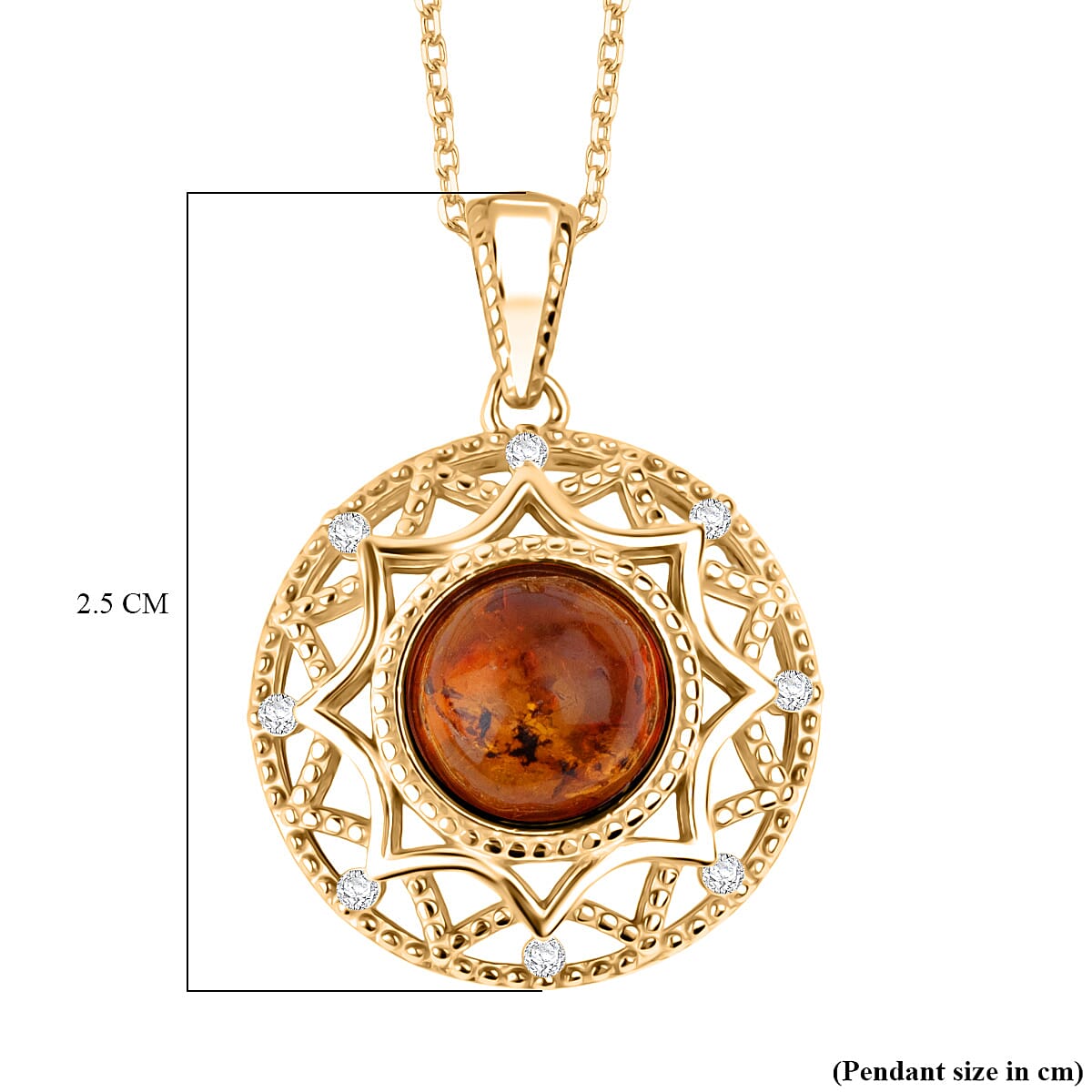 Tucson Find - Amber & Cubic Zirconia Pendant with Chain (Size 16-1 Ext.) in Gold Plated Sterling Silver 7.16 Ct.