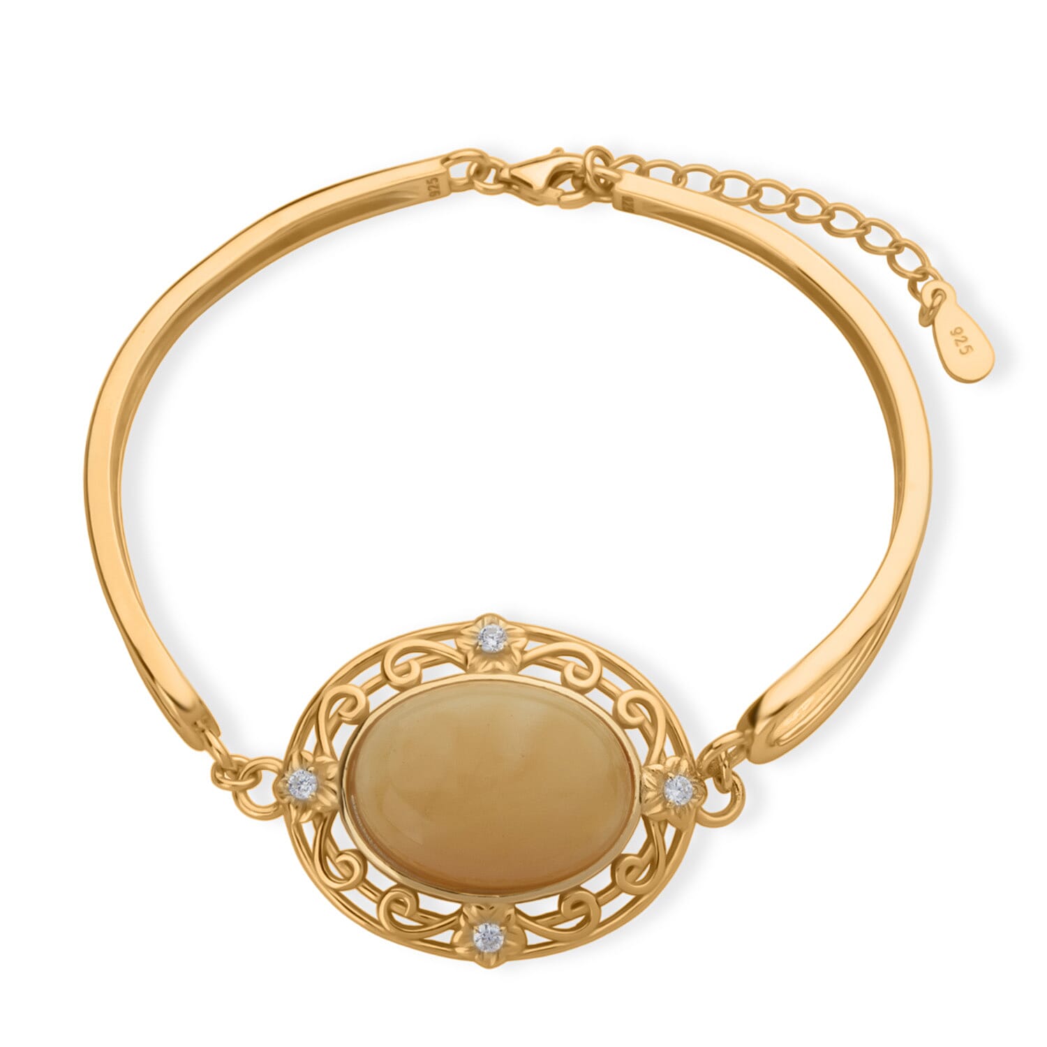 Amber & Cubic Zirconia Bracelet (Size - 7.5 with Ext) Sterling Silver 10.08 Ct, Silver Wt. 9.00 Gms.