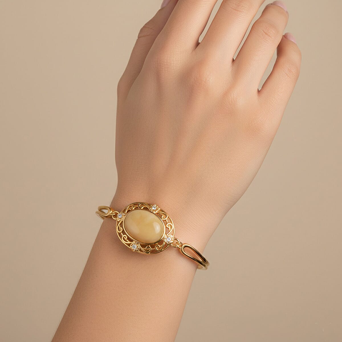 Amber & Cubic Zirconia Bracelet (Size - 7.5 with Ext) Sterling Silver 10.08 Ct, Silver Wt. 9.00 Gms.