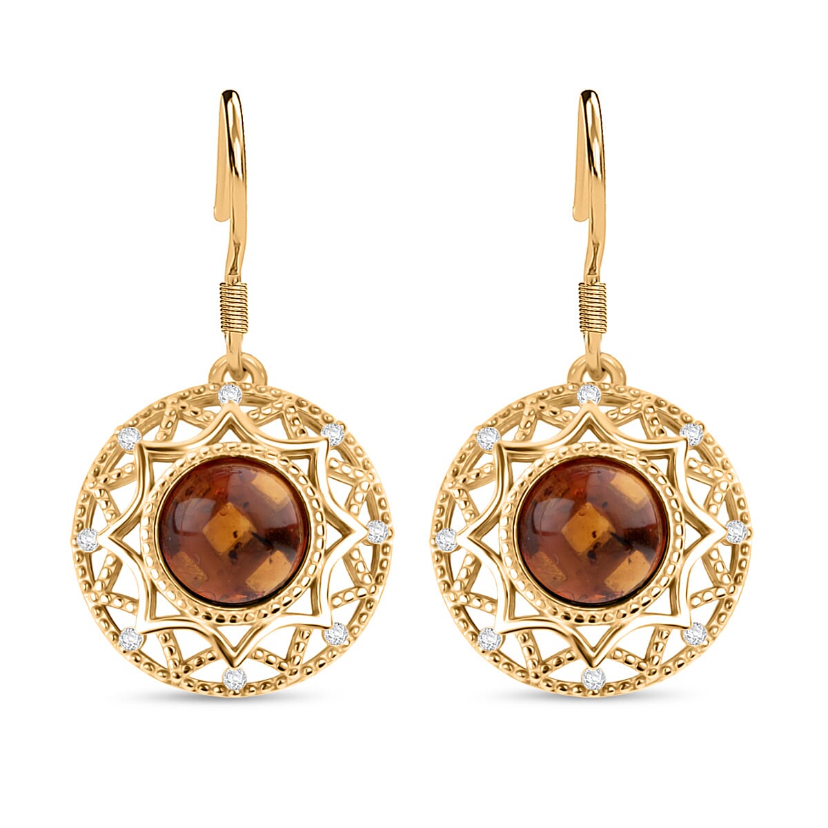 Tucson Find - Amber & Cubic Zirconia Earring with Hook in Gold Plated Sterling Silver 4.32 Ct.