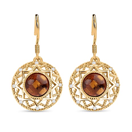 Tucson Find - Amber & Cubic Zirconia Earring with Hook in Gold Plated Sterling Silver 4.32 Ct.