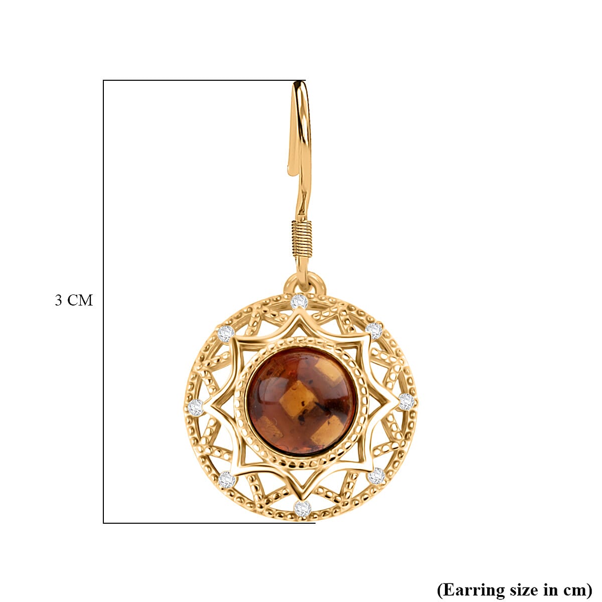 Tucson Find - Amber & Cubic Zirconia Earring with Hook in Gold Plated Sterling Silver 4.32 Ct.