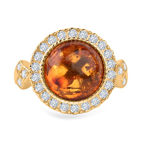 Tucson Find - Amber & Cubic Zirconia Ring in Gold Plated Sterling Silver 6.06 Ct.