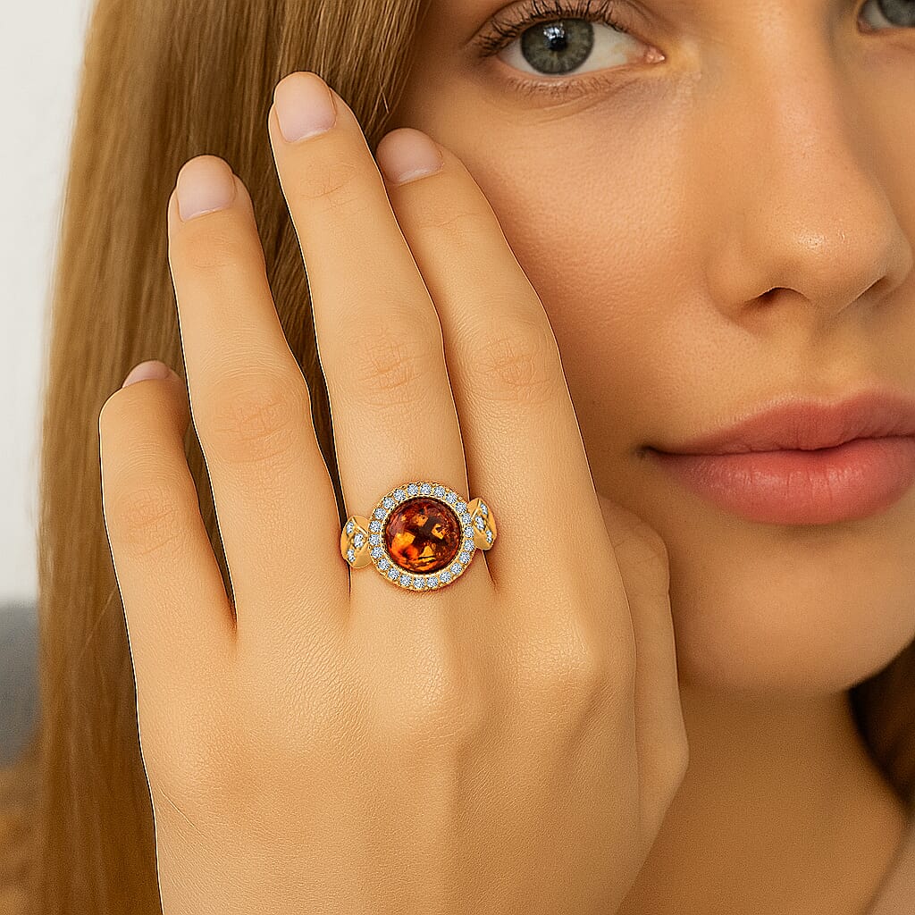 Tucson Find - Amber & Cubic Zirconia Ring in Gold Plated Sterling Silver 6.06 Ct.