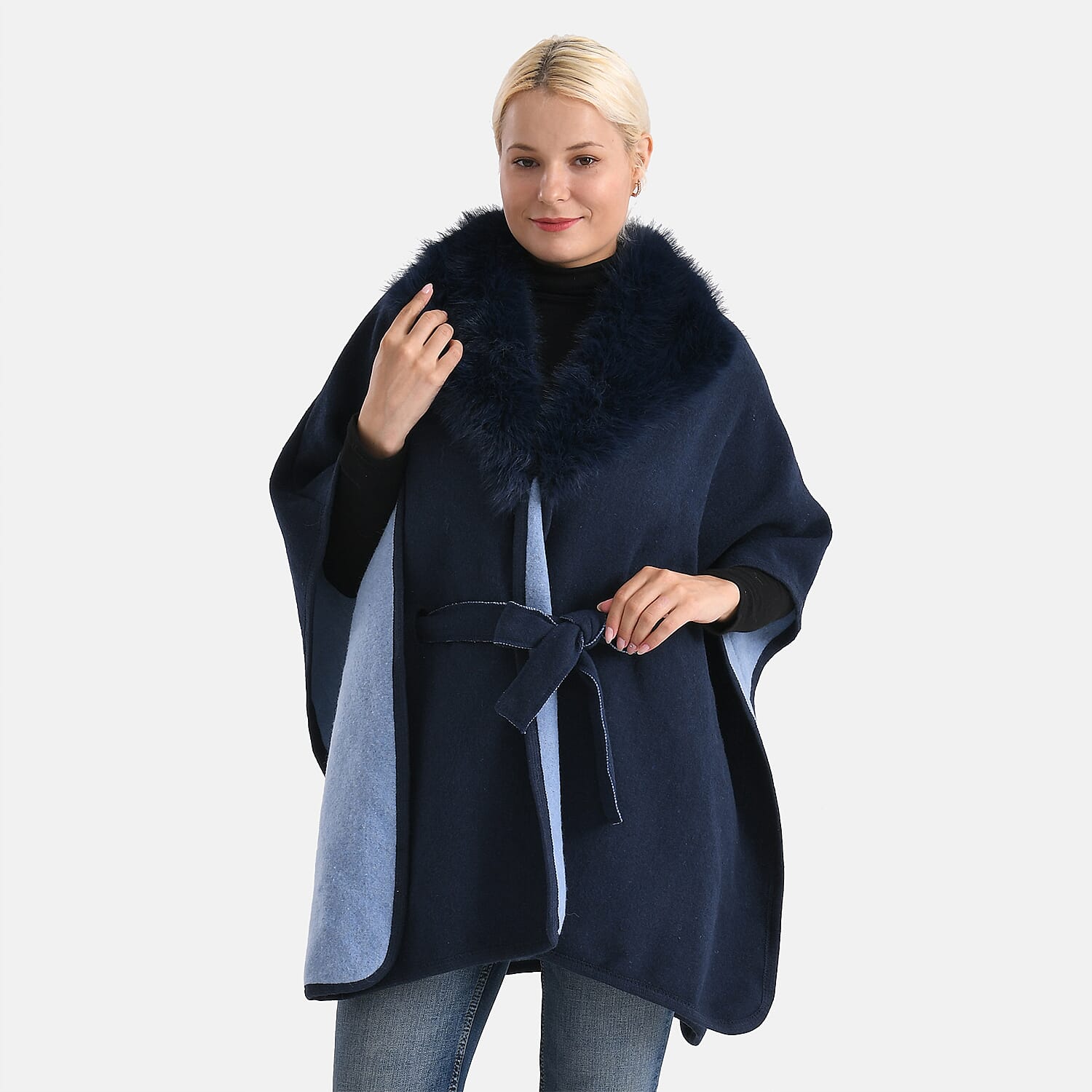 LA MAREY Signature Faux Fur Batwing Poncho (120x70 cm) - Navy