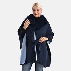 LA MAREY Signature Faux Fur Batwing Poncho (120x70 cm) - Navy
