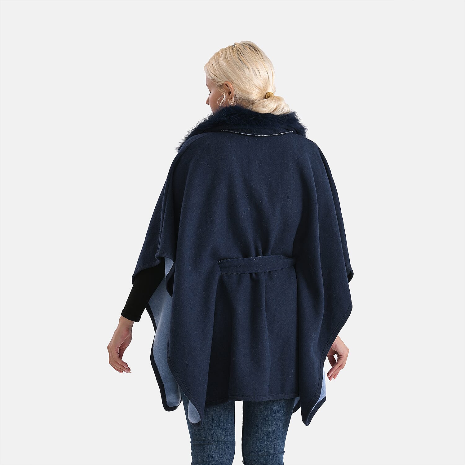 LA MAREY Signature Faux Fur Batwing Poncho (120x70 cm) - Navy
