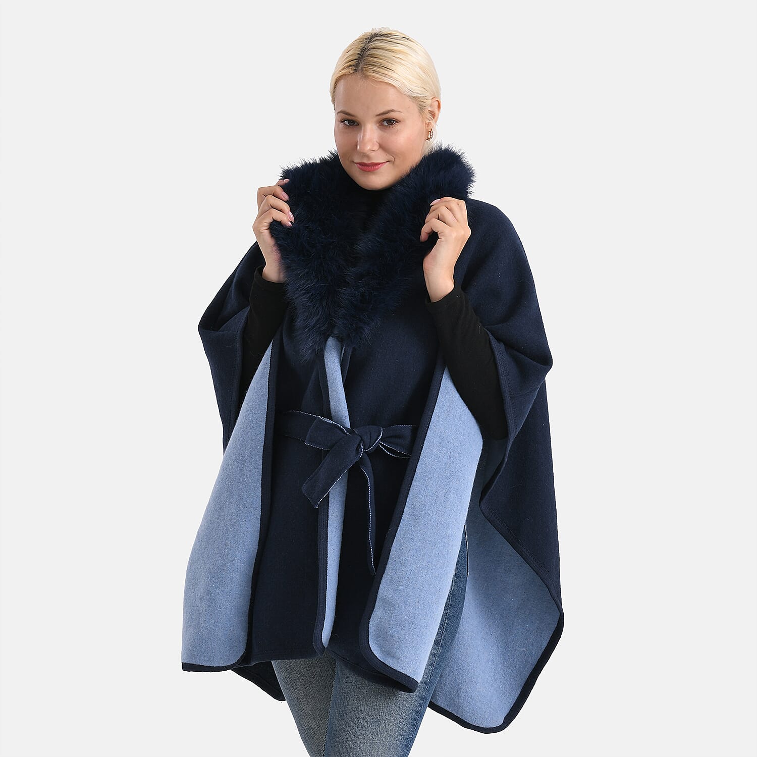 LA MAREY Signature Faux Fur Batwing Poncho (120x70 cm) - Navy