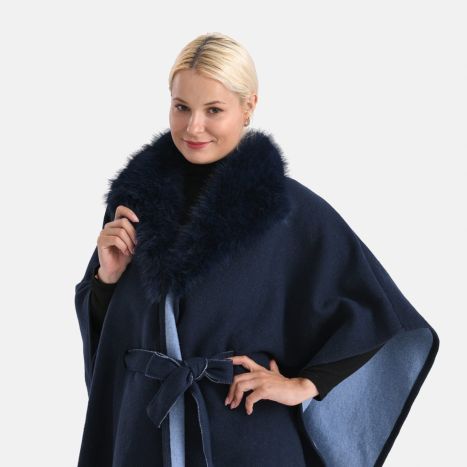 LA MAREY Signature Faux Fur Batwing Poncho (120x70 cm) - Navy