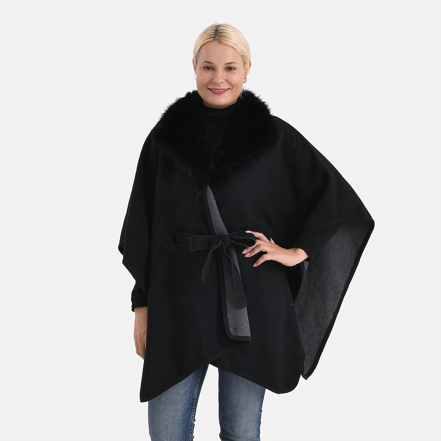 LA MAREY Signature Faux Fur Batwing Poncho (120x70 cm) - Black