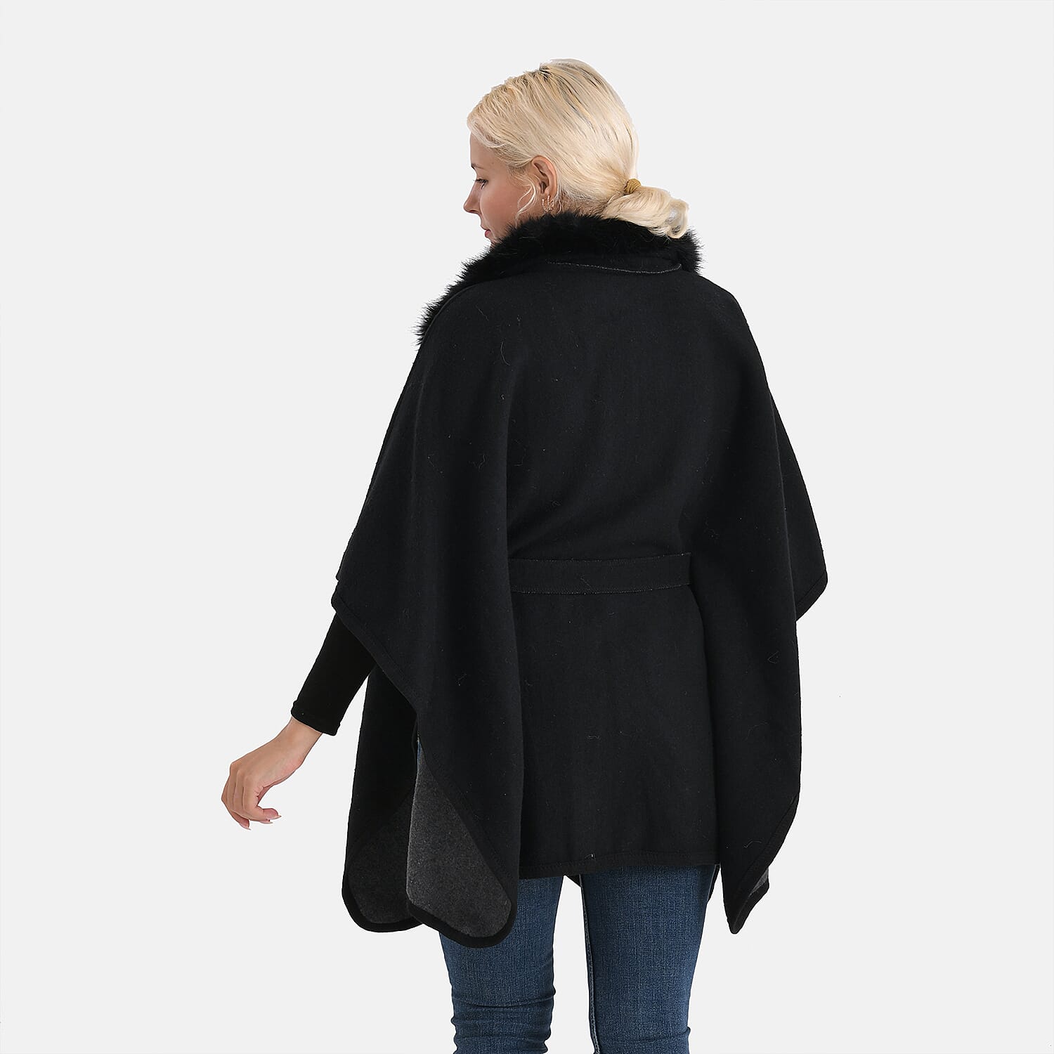 LA MAREY Signature Faux Fur Batwing Poncho (120x70 cm) - Black