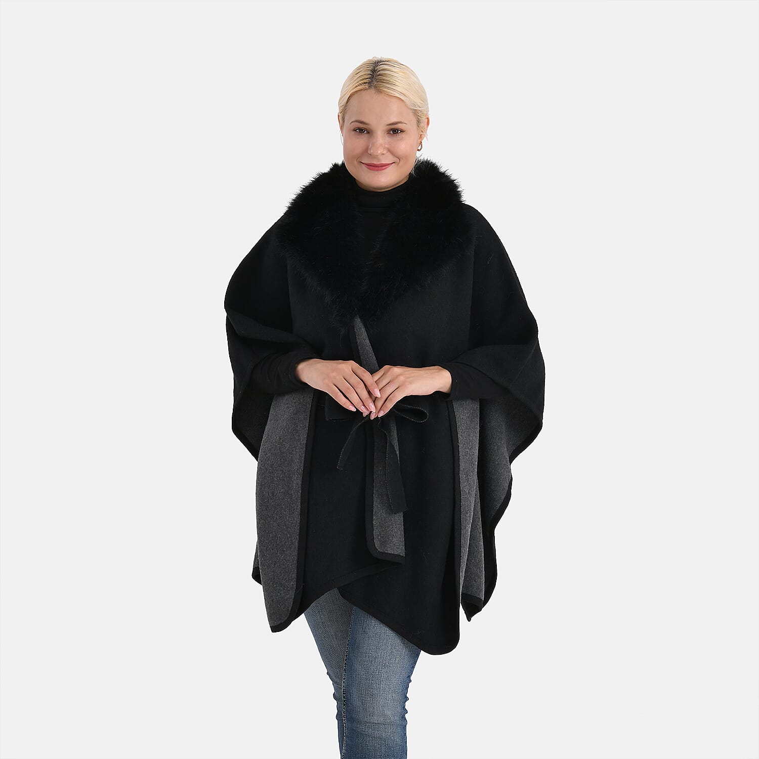 LA MAREY Signature Faux Fur Batwing Poncho (120x70 cm) - Black