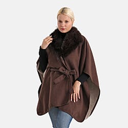 LA MAREY Signature Faux Fur Batwing Poncho (120x70 cm) - Navy