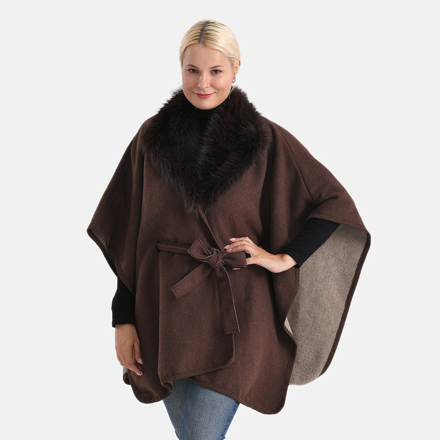 LA MAREY Signature Faux Fur Batwing Poncho (120x70 cm) - Brown