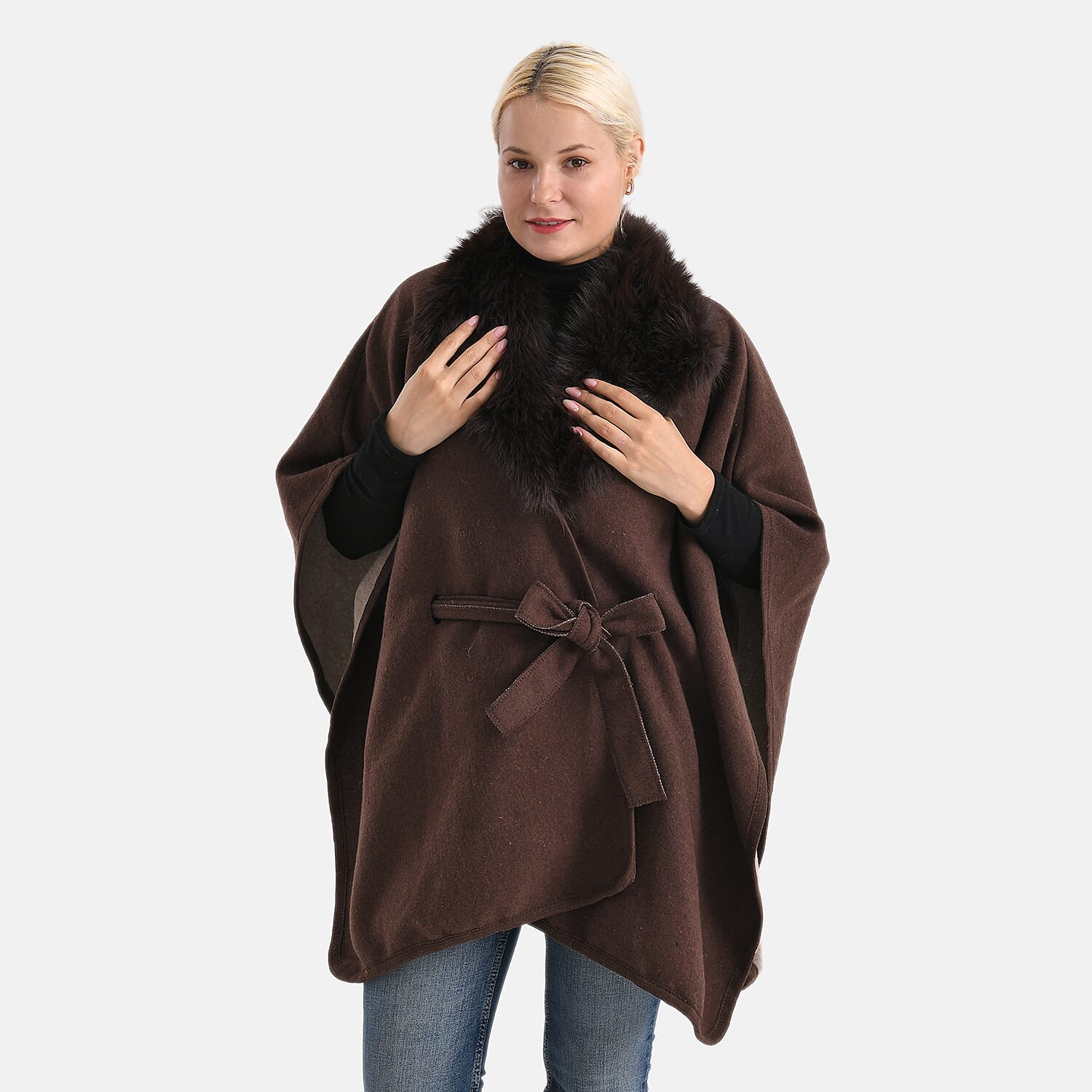 LA MAREY Signature Faux Fur Batwing Poncho (120x70 cm) - Brown