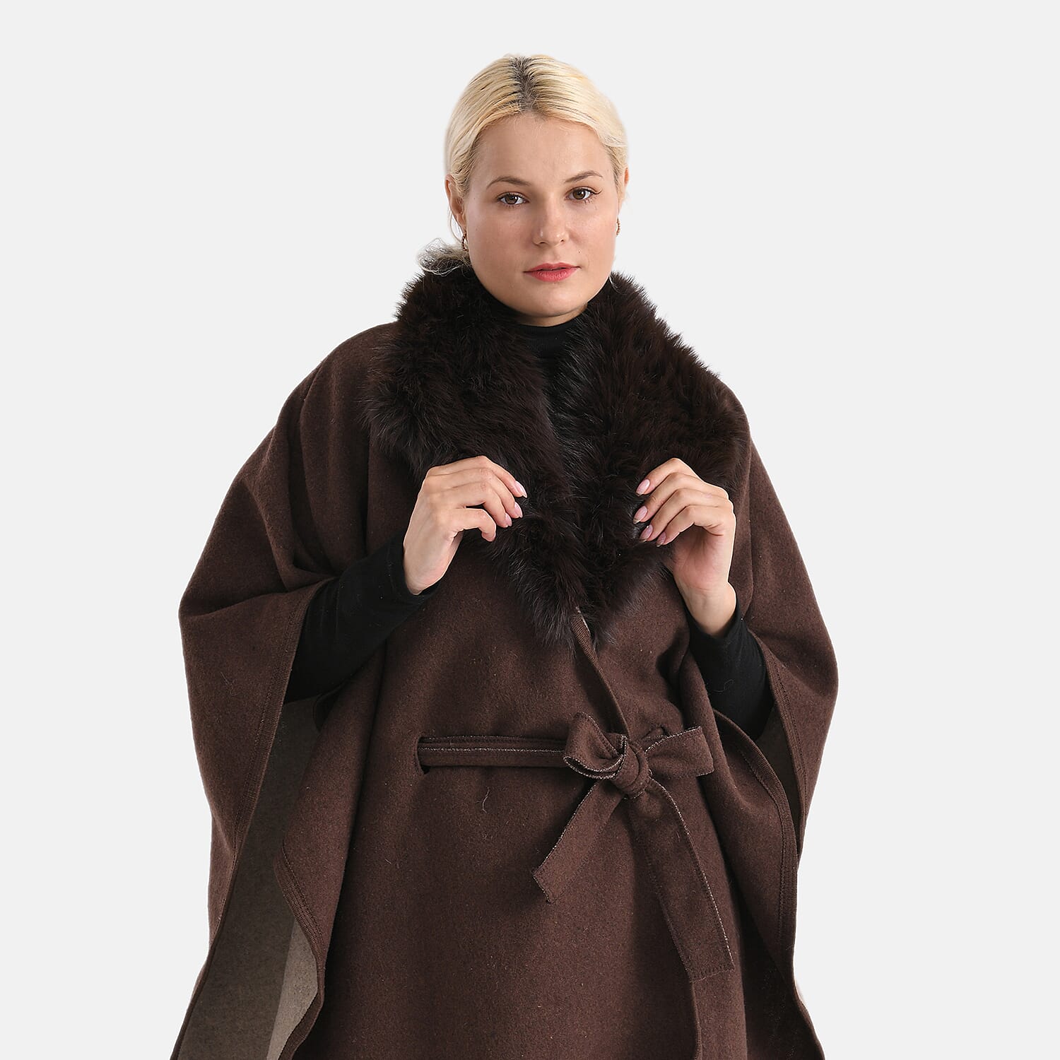 LA MAREY Signature Faux Fur Batwing Poncho (120x70 cm) - Brown