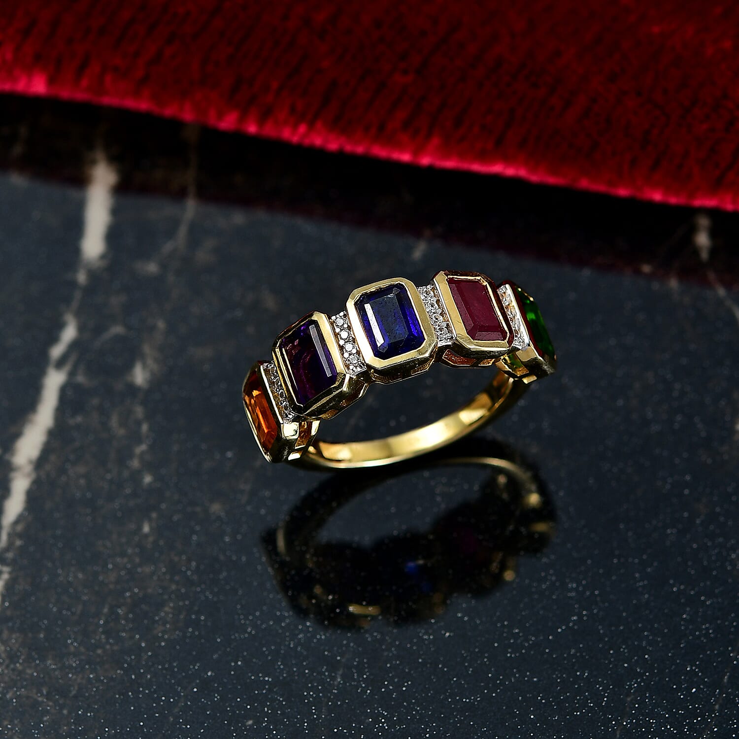 D'joy African Amethyst & Multi Gemstones Ring in Yellow Gold Plated Sterling Silver 3.55 Ct.