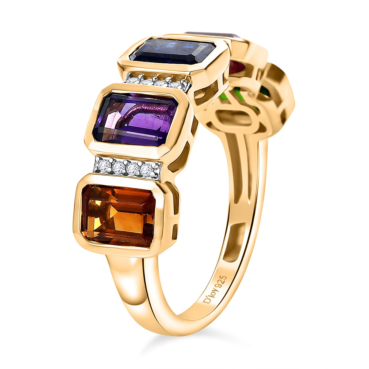 D'joy African Amethyst & Multi Gemstones Ring in Yellow Gold Plated Sterling Silver 3.55 Ct.
